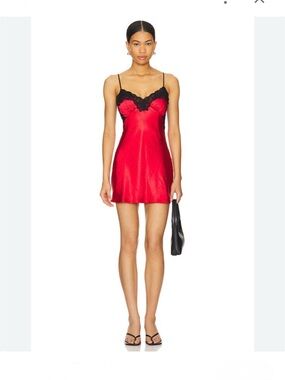 superdown Red Satin Slip Dress with Black Lace Trim